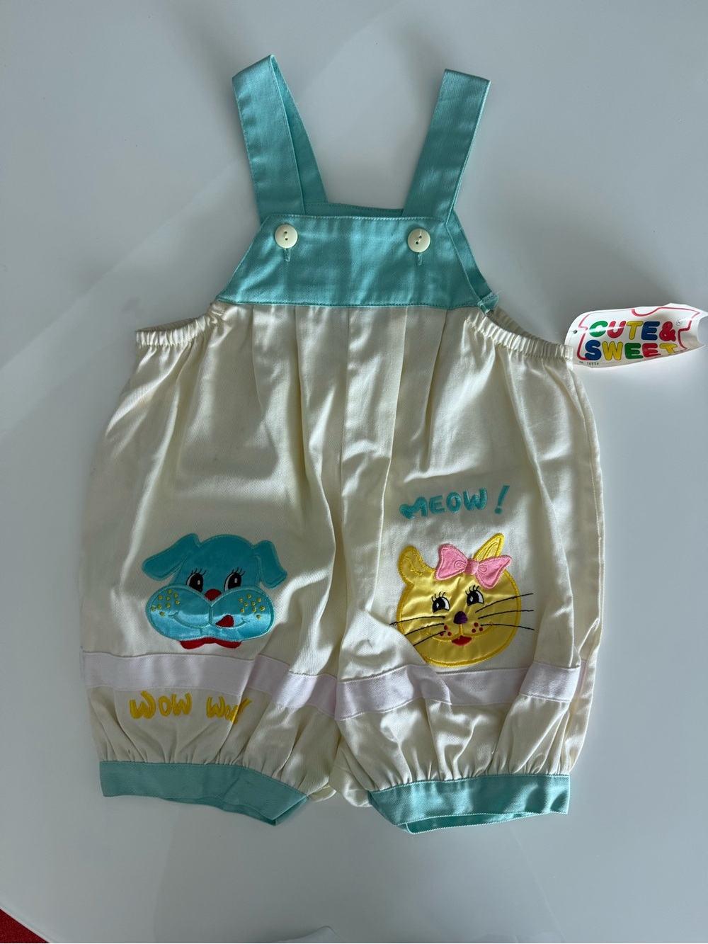 Vintage Cute & Sweet Cream and Aqua Kids Romper - Meow & Puppy Applique